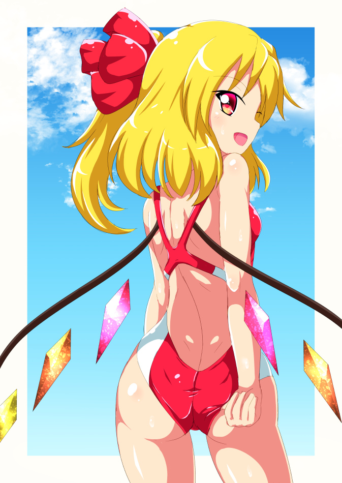 1girl adjusting_clothes adjusting_swimsuit ass blonde_hair competition_swimsuit flandre_scarlet from_behind kagayama_hajime looking_back one-piece_swimsuit red_eyes short_hair side_ponytail solo swimsuit touhou wings