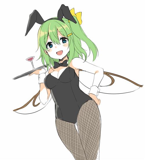 1girl animal_ears blue_eyes bunnysuit cocktail_glass cup daiyousei drinking_glass fairy_wings fishnet_pantyhose fishnets fujishiro_emyu green_hair hair_ornament hairpin hand_on_hip open_mouth pantyhose rabbit_ears solo touhou wings