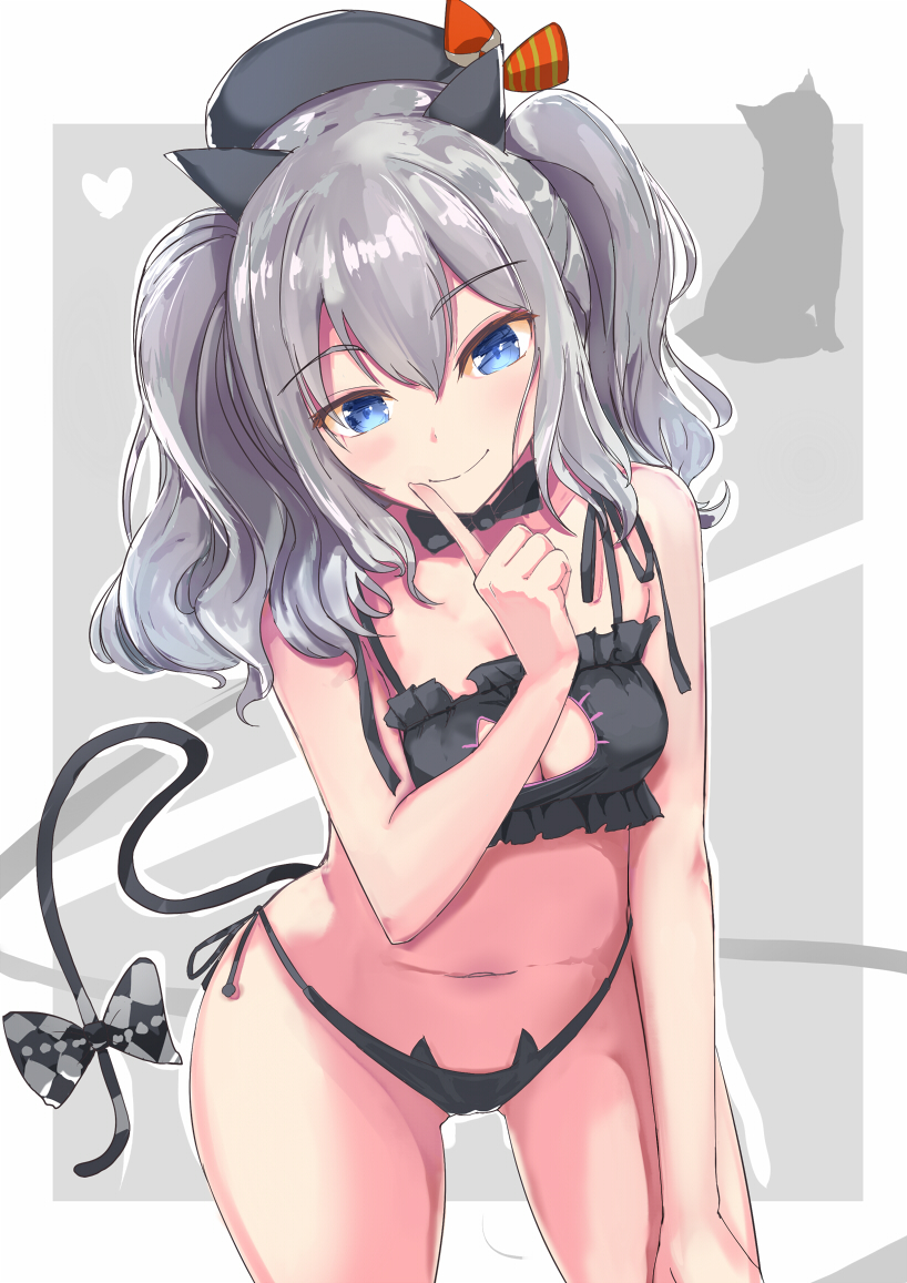 1girl animal_ears bare_shoulders black_bra black_panties blue_eyes blush bow bowtie bra breasts cat_cutout cat_ear_panties cat_ears cat_lingerie cat_tail cleavage cleavage_cutout frilled_bra frills kantai_collection kashima_(kantai_collection) large_breasts long_hair looking_at_viewer navel panties side-tie_panties silver_hair smile solo st_on tail tsurime twintails underwear underwear_only wavy_hair