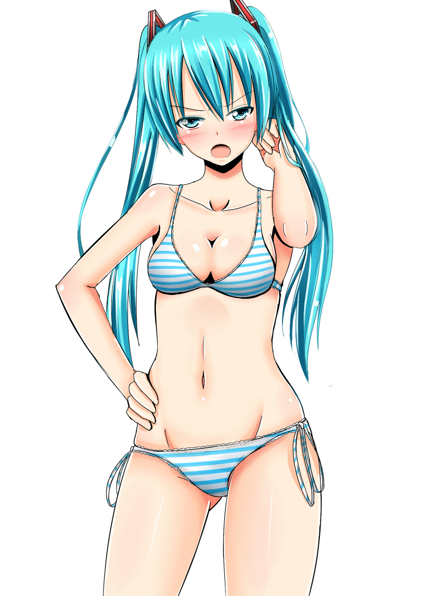 1girl baretto_(karasi07) blue_eyes blue_hair bra breasts cleavage collarbone groin hair_ornament hand_in_hair hand_on_hip hatsune_miku highres long_hair looking_at_viewer open_mouth panties side-tie_panties simple_background solo striped striped_bra striped_panties twintails underwear underwear_only vocaloid white_background