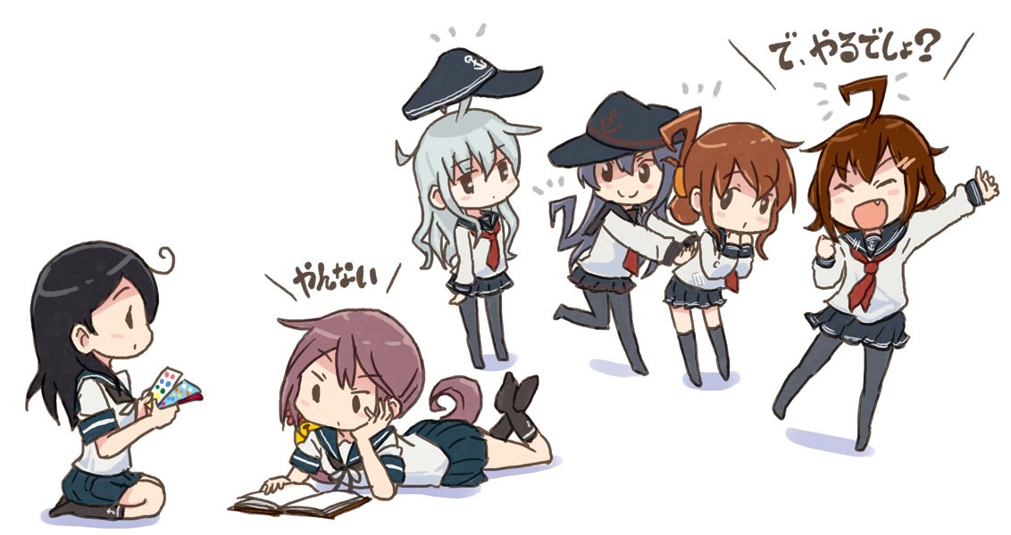 6+girls ahoge akatsuki_(kantai_collection) akebono_(kantai_collection) anchor_print bangs bell black_hair book brown_hair clenched_hand closed_eyes comic commentary_request elbow_rest expressive_hair fang flower folded_ponytail hair_bell hair_between_eyes hair_flower hair_ornament hairclip hands_together hat hibiki_(kantai_collection) ikazuchi_(kantai_collection) inazuma_(kantai_collection) jingle_bell kantai_collection long_hair lying multiple_girls neckerchief on_stomach open_mouth otoufu pantyhose pleated_skirt purple_hair pushing reading school_uniform serafuku short_hair side_ponytail silver_hair skirt smile translated ushio_(kantai_collection)