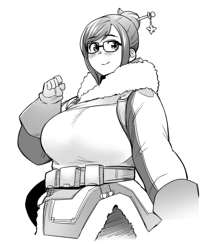 1girl blush breasts coat fukumaaya gloves hair_bun hair_ornament hair_stick large_breasts mei_(overwatch) overwatch short_hair simple_background smile solo white_background