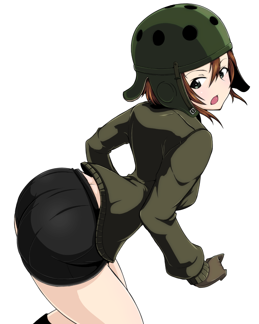 1girl ass black_boots black_eyes black_gloves black_shorts boots brown_hair brown_jacket cowboy_shot extra from_side girls_und_panzer gloves hanzawa821 helmet highres long_sleeves looking_back military military_uniform open_mouth short_hair short_shorts shorts solo standing uniform white_background