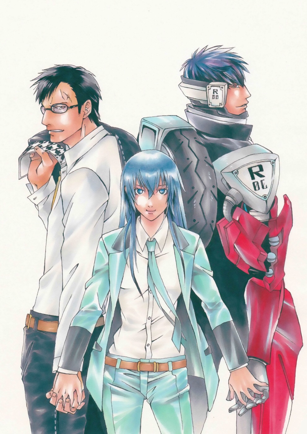 1girl alternate_hair_length alternate_hairstyle android belt black_hair blue_eyes blue_hair commentary_request formal grey_eyes highres jacket jacket_on_shoulders kurogami_sousei long_hair necktie older pants persona persona_4 persona_x_detective robot_joints scar shirogane_naoto short_hair suit tatsumi_kanji