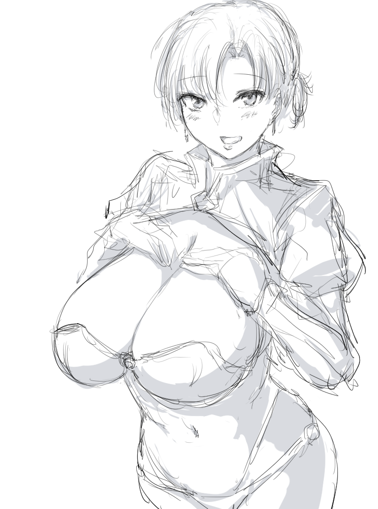 1girl bangs boudica_(fate/grand_order) bra breasts cleavage cleavage_cutout fate/grand_order fate_(series) from_above gloves hands_on_own_chest hometa huge_breasts jacket monochrome navel open_mouth parted_bangs short_ponytail sketch smile thong underwear upper_body white_background