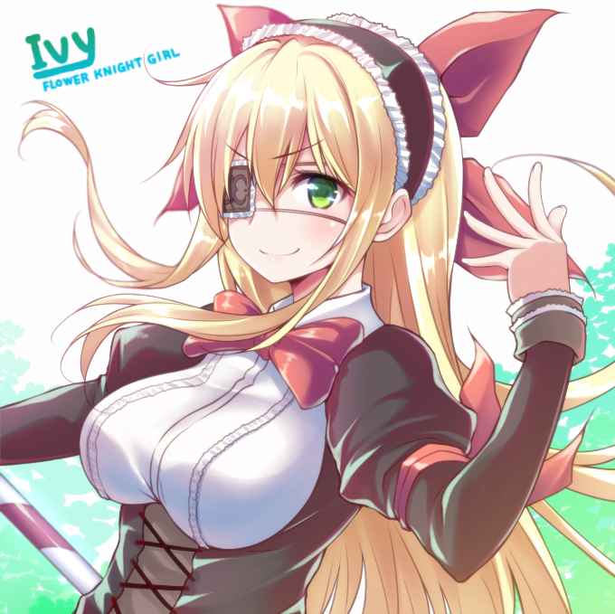 1girl big_wednesday blonde_hair bow character_name copyright_name eyepatch flower_knight_girl green_eyes hair_bow hairband ivy_(flower_knight_girl) juliet_sleeves long_hair long_sleeves looking_at_viewer puffy_sleeves red_bow smile solo underbust upper_body