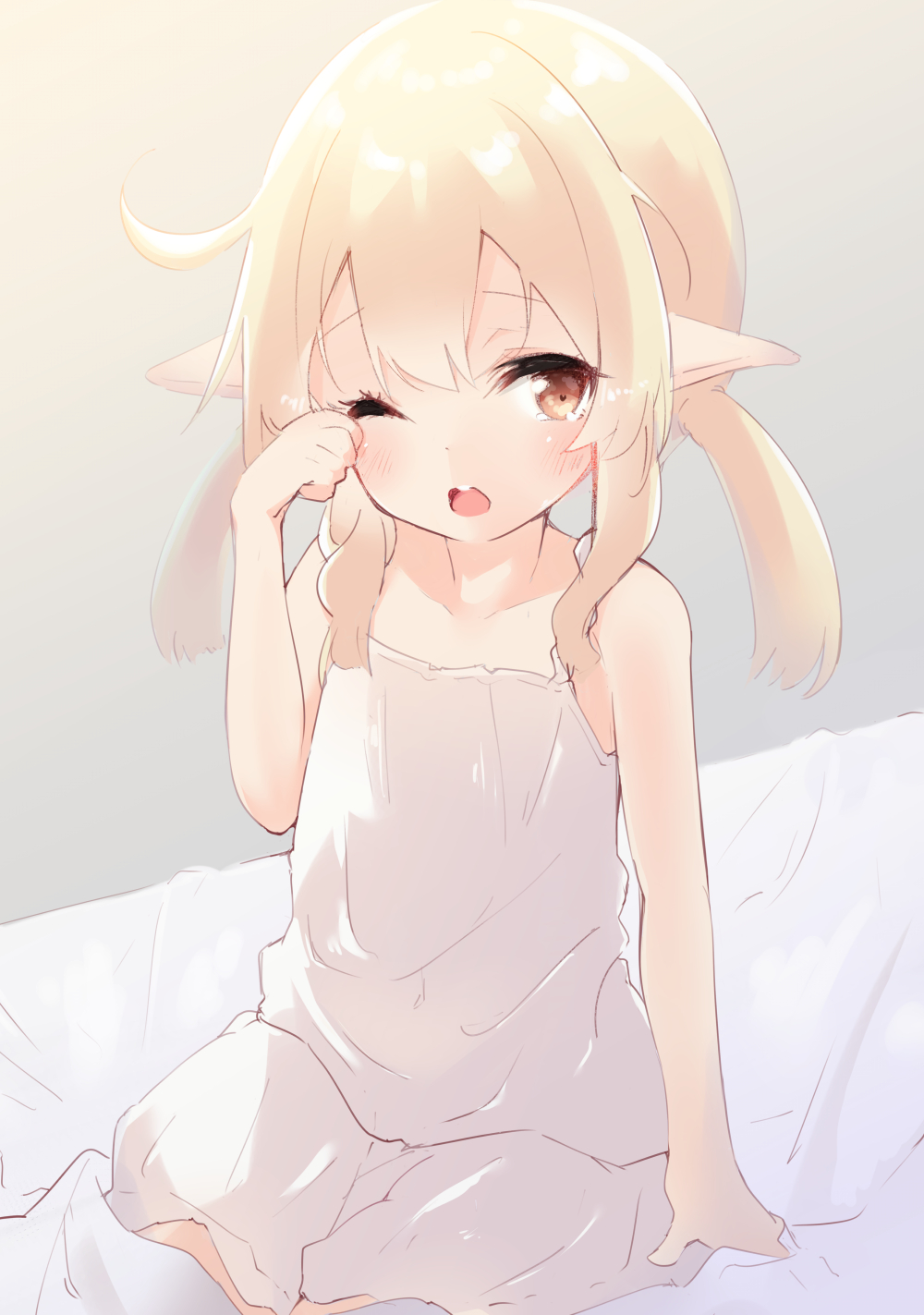 1girl ;o ahoge alternate_costume bangs bare_shoulders bed bed_sheet blanket bloomers collarbone commentary_request eyebrows_visible_through_hair genshin_impact hair_between_eyes highres klee_(genshin_impact) light_brown_hair long_hair looking_at_viewer on_bed one_eye_closed orange_eyes pajamas rubbing_eyes sidelocks simple_background sitting sitting_on_bed solo underwear waking_up white_background yu1