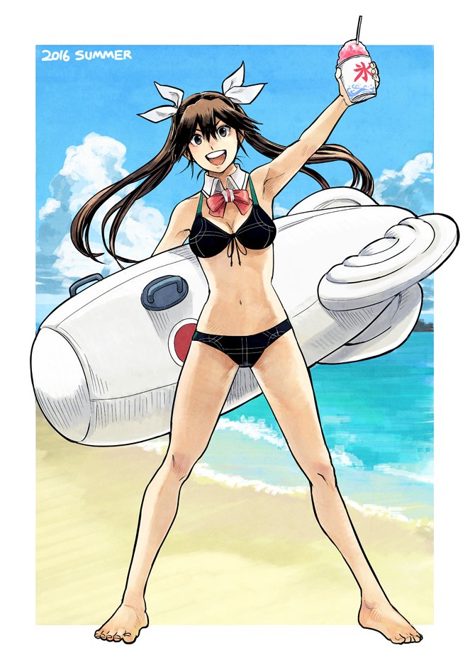 2016 :d arm_behind_back arm_up armpits bangs barefoot beach bikini bikini_bottom bikini_top blue_sky bow brown_eyes brown_hair clouds commentary_request cup detached_collar front-tie_top full_body hair_ribbon hiro_(chumo) holding holding_cup kantai_collection navel ocean open_mouth ribbon shaved_ice sky smile swimsuit tone_(kantai_collection) twintails