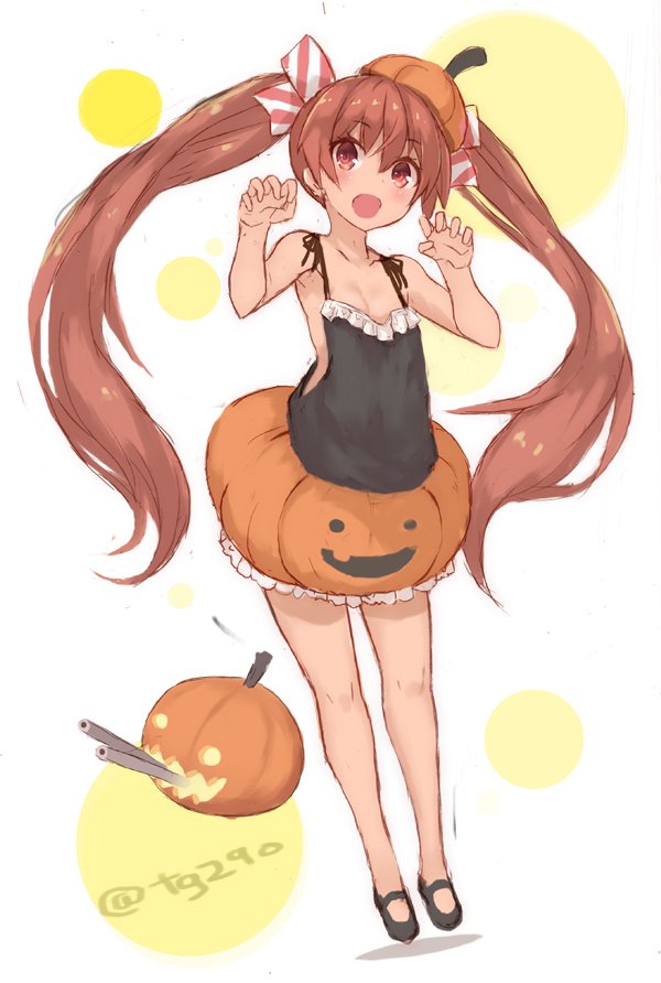 1girl armpits bangs bare_arms bare_legs bare_shoulders black_ribbon black_shoes blush bow brown_eyes brown_hair eyebrows eyebrows_visible_through_hair flat_chest full_body goekawa hair_bow halloween halloween_costume jack-o'-lantern kantai_collection libeccio_(kantai_collection) long_hair looking_at_viewer mary_janes multicolored_background open_mouth paw_pose pumpkin_hat pumpkin_pants ribbon shoes sidelocks sleeveless solo standing twintails twitter_username two-tone_background very_long_hair