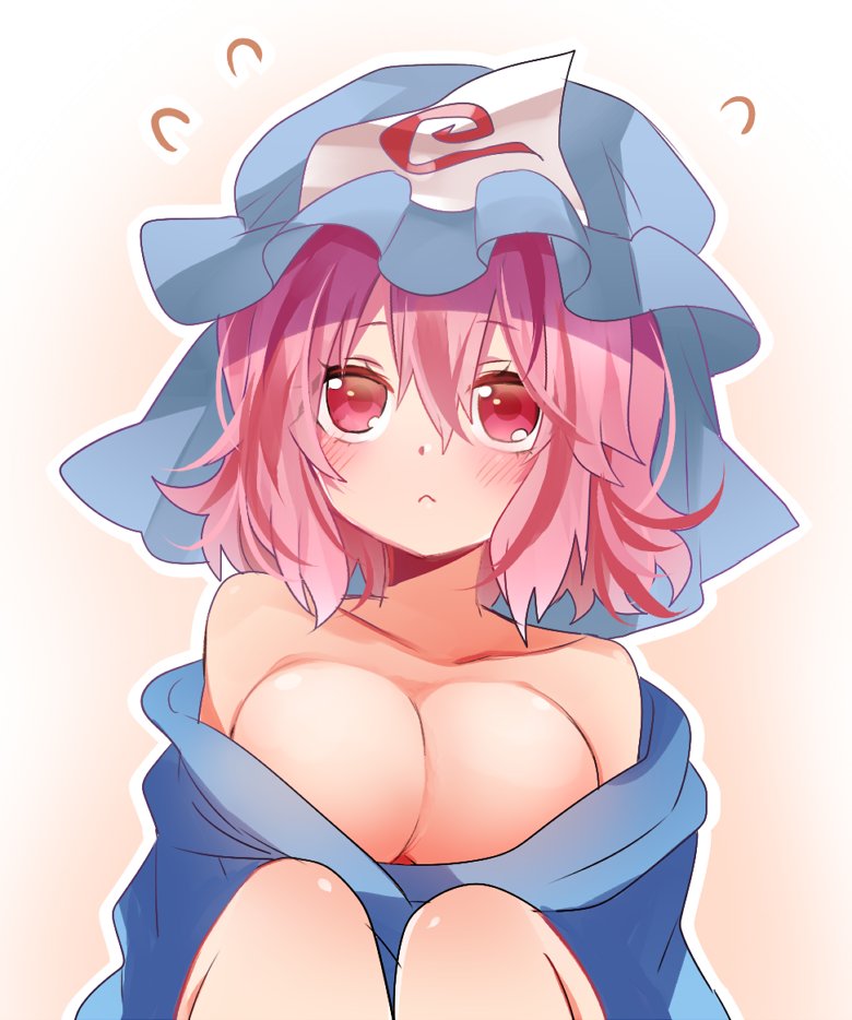 1girl :&lt; bare_shoulders blue_kimono blush breasts cleavage collarbone commentary_request hat japanese_clothes kasuura_(cacula) knees_up looking_up medium_breasts mob_cap no_bra off_shoulder pink_eyes pink_hair saigyouji_yuyuko short_hair solo touhou triangular_headpiece upper_body