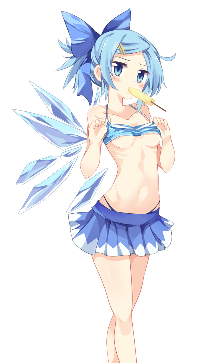 1girl alternate_hairstyle bangs bare_arms bare_legs bare_shoulders bikini bikini_lift blue_bikini blue_bow blue_skirt blush bow breasts cirno collarbone detached_wings eating eyelashes fairy_wings food hair_bow hair_ornament hairclip head_tilt highres ice ice_wings legs_together lifted_by_self looking_at_viewer maturiuta_sorato miniskirt mouth_hold navel pleated_skirt ponytail popsicle revealing_clothes simple_background skirt small_breasts solo standing stomach strap_gap swept_bangs swimsuit touhou under_boob white_background wings
