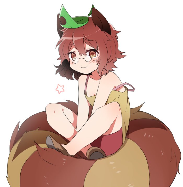 1girl animal_ears bare_shoulders blush brown_eyes brown_hair brown_shoes brown_shorts camisole collarbone commentary_request full_body futatsuiwa_mamizou glasses indian_style kasuura_(cacula) leaf leaf_on_head looking_at_viewer pince-nez raccoon_ears raccoon_tail shoes shorts sitting sitting_on_tail sleeveless smile solo star strap_slip tail touhou younger