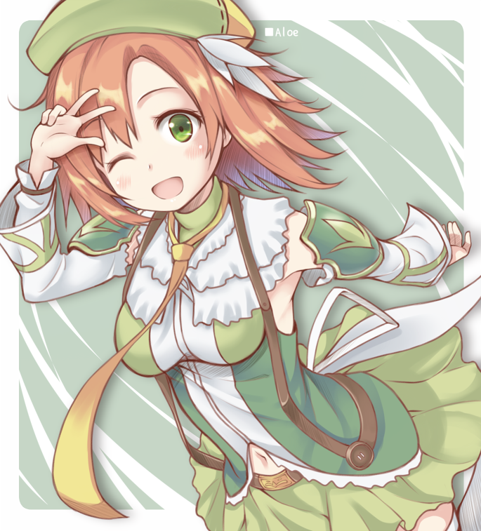 1girl ;d aloe_(flower_knight_girl) arm_warmers big_wednesday brown_hair copyright_name cowboy_shot flower_knight_girl green green_background green_eyes green_hat green_skirt hat looking_at_viewer navel necktie one_eye_closed open_mouth short_hair skirt smile solo v yellow_necktie