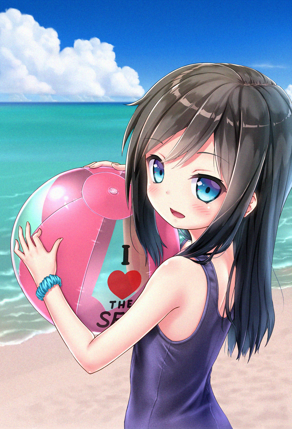 1girl asashio_(kantai_collection) ball beach beachball black_hair blue_eyes blue_sky blush bracelet clouds commentary_request from_behind gotou_hisashi highres jewelry kantai_collection long_hair looking_at_viewer looking_back ocean open_mouth outdoors sand school_swimsuit sky smile solo swimsuit upper_body water