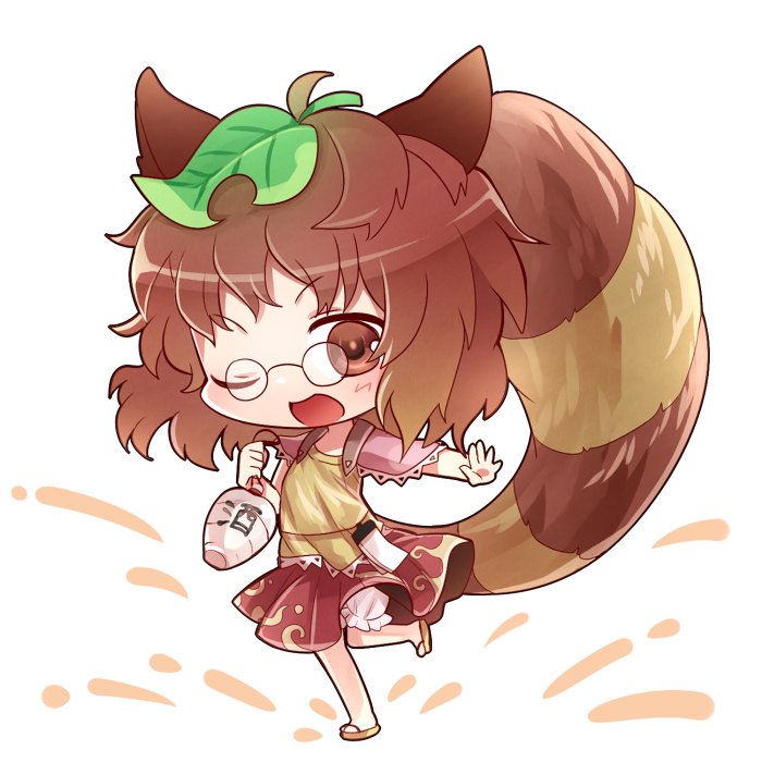 1girl ;d animal_ears blush brown_eyes brown_hair brown_skirt chibi commentary_request full_body futatsuiwa_mamizou glasses gourd kasuura_(cacula) leaf leaf_on_head looking_at_viewer one_eye_closed open_mouth pince-nez raccoon_ears raccoon_tail sandals shirt short_hair skirt sleeveless sleeveless_shirt smile solo tail touhou
