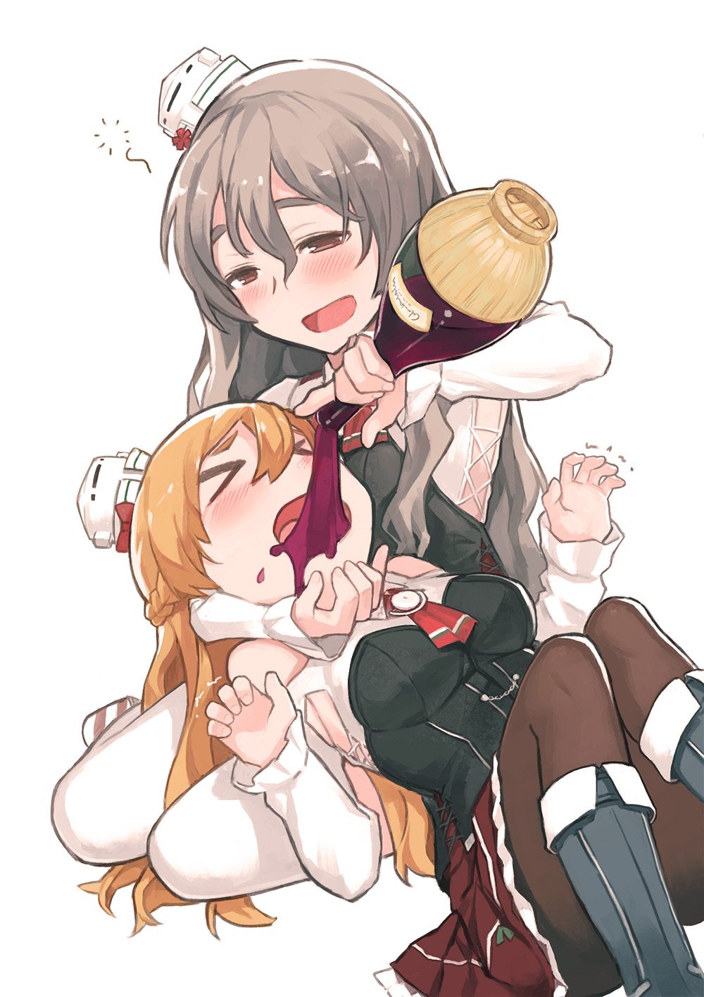&gt;_&lt; 2girls :d alcohol ascot bare_shoulders black_boots blonde_hair blush boots bottle bow breasts brown_hair brown_legwear closed_eyes commentary drinking drunk feeding force_feeding garter_straps hair_between_eyes half-closed_eyes hat hat_bow head_grab highres holding_bottle kantai_collection knee_boots kylin large_breasts long_sleeves lying mini_hat miniskirt motion_lines multiple_girls on_back open_mouth overflow pantyhose pola_(kantai_collection) pouring red_bow red_skirt red_wine side_cutout simple_background sitting skirt smile thigh-highs trembling white_background white_hat wince wine wine_bottle yokozuwari zara_(kantai_collection)