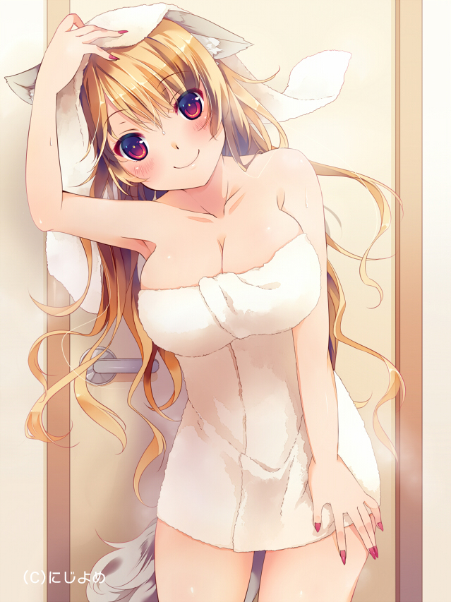 1girl amanatsu_yuzuka animal_ears bangs bare_arms bare_shoulders blonde_hair blush breasts cat_ears cleavage collarbone cowboy_shot door eyebrows eyebrows_visible_through_hair fingernails hair_between_eyes hand_on_own_head hand_up large_breasts long_fingernails long_hair looking_at_viewer nail_polish naked_towel red_eyes red_nails sharp_fingernails smile solo tail towel towel_on_head valhalla_valkyries wavy_hair wet wet_hair