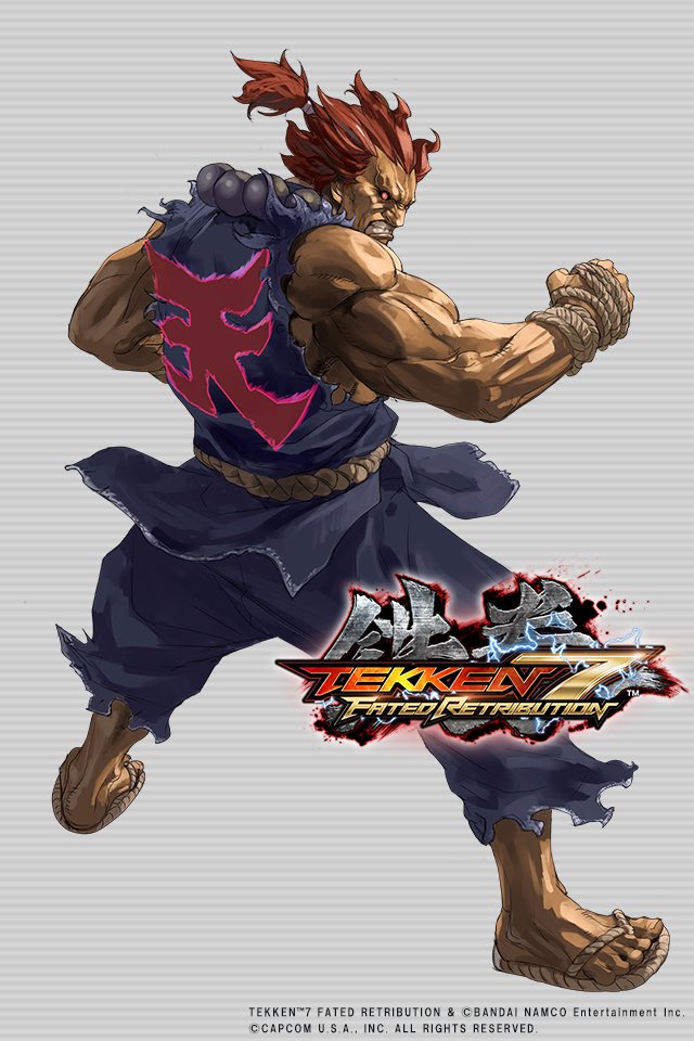 1boy bared_teeth beads black_sclera clenched_hand copyright_name dark_skin fighting_stance full_body gouki heaven_(kanji) junny muscle official_art prayer_beads red_eyes redhead rope sandals sleeveless street_fighter tekken tekken_7 topknot