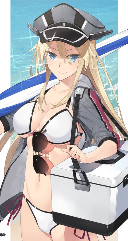 1girl adapted_costume beach bikini bismarck_(kantai_collection) blonde_hair blue_eyes box breasts cleavage commentary_request cooler cowboy_shot hat hayashi_kewi hood hoodie kantai_collection large_breasts light_smile long_hair looking_at_viewer military_hat navel open_clothes open_hoodie peaked_cap side-tie_bikini solo sunglasses sunglasses_around_neck swimsuit umbrella white_bikini
