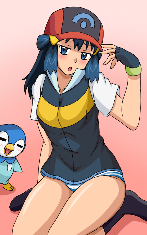 1girl baseball_cap blue_eyes blue_hair blush cosplay fingerless_gloves gloves hat hikari_(pokemon) kuro_hopper long_hair looking_at_viewer open_mouth piplup pokemon pokemon_(anime) pokemon_(creature) satoshi_(pokemon)_(cosplay) solo underwear