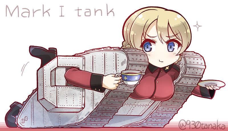 1girl :3 bangs black_boots blonde_hair blue_eyes boots braid caterpillar_tracks cup darjeeling girls_und_panzer ground_vehicle holding jacket long_sleeves looking_at_viewer mark_i_tank military military_uniform military_vehicle motor_vehicle red_jacket saucer short_hair solo sparkle tanaka_kusao tank teacup tied_hair twin_braids twitter_username uniform