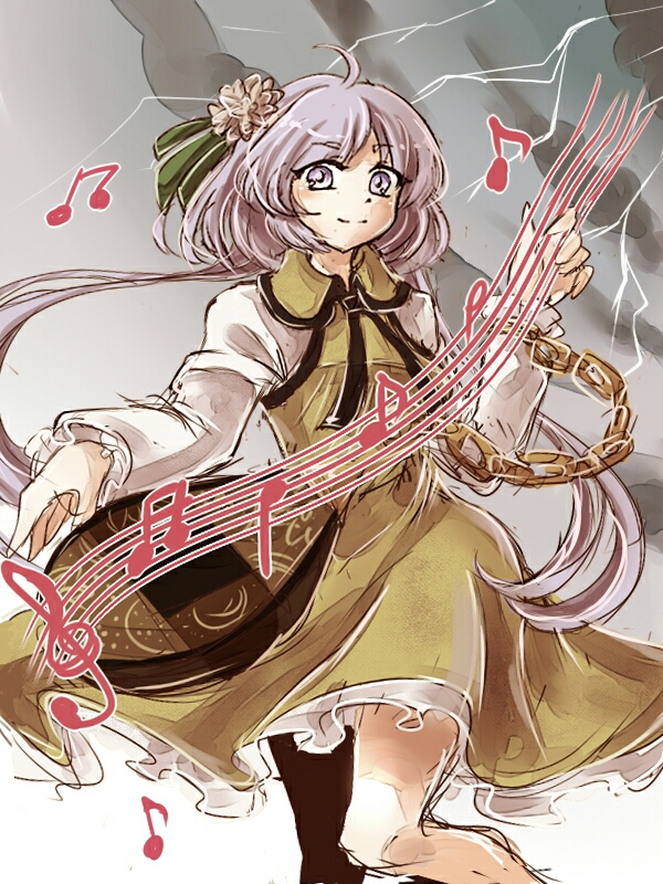 1girl biwa_lute chain dress flower hair_flower hair_ornament instrument lavender_eyes lavender_hair lightning long_hair low_twintails lute_(instrument) musical_note namuko solo touhou tsukumo_benben twintails