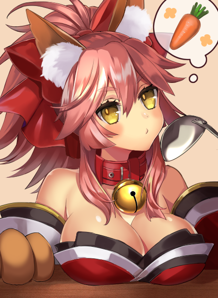 1girl animal_ears bangs bare_shoulders bell bell_collar bow breast_rest breasts carrot caster_(fate/extra) cleavage collar detached_sleeves eyelashes fate/grand_order fate_(series) fox_ears fox_tail fur gloves hair_between_eyes hair_bow hair_ribbon japanese_clothes jingle_bell large_breasts long_hair looking_at_viewer paw_gloves pink_hair ponytail pout red_bow ribbon sidelocks simple_background solo sorao_(ichhimo) spatula tail tamamo_cat_(fate/grand_order) thought_bubble upper_body yellow_eyes