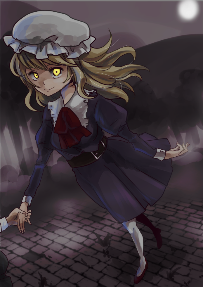 2girls blonde_hair dress foreshortening forest full_moon glowing glowing_eyes hat holding_hands long_hair looking_at_viewer maribel_hearn moon multiple_girls nature night out_of_frame smile solo_focus touhou tree yellow_eyes