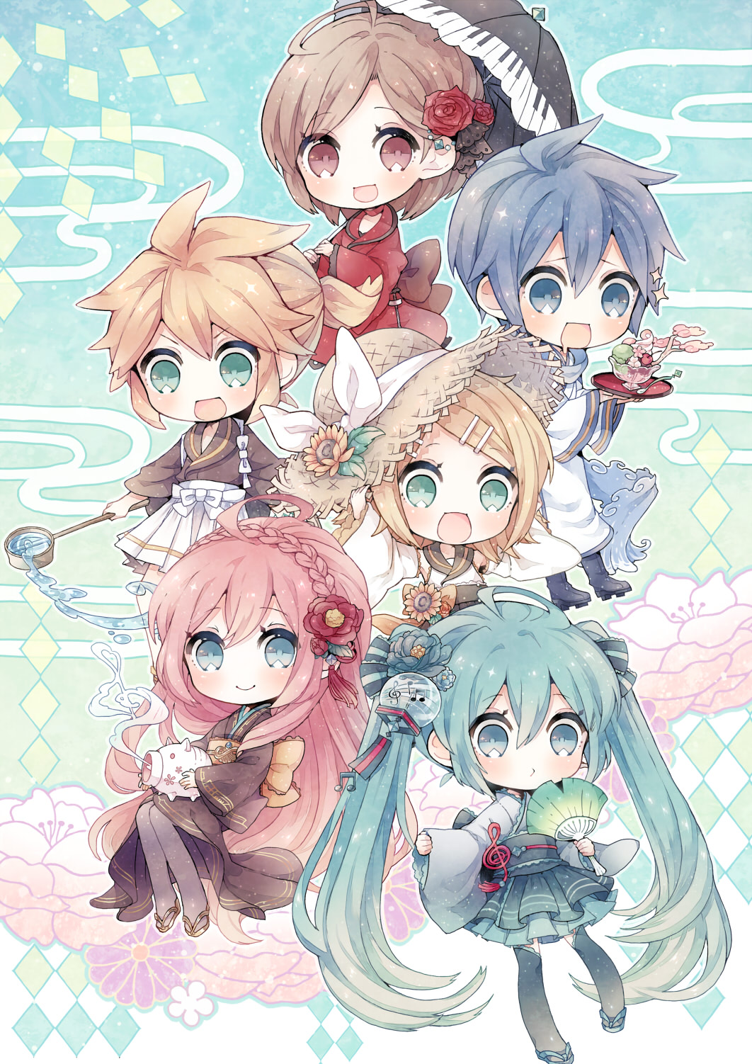 &gt;:d 2boys 4girls :d ahoge aqua_hair aqua_skirt bangs black_legwear blonde_hair blue_boots blue_eyes blue_hair blush boots braid brother_and_sister brown_eyes brown_hair cherry chibi closed_mouth detached_sleeves flower food fruit green_eyes hair_between_eyes hair_flower hair_ornament hairclip hand_on_headwear hat hatsune_miku highres holding holding_fan holding_umbrella ice_cream kagamine_len kagamine_rin kaito long_hair long_sleeves looking_at_viewer megurine_luka meiko multiple_boys multiple_girls musical_note niwako obi open_mouth pantyhose parfait piano_print pink_hair pleated_skirt ponytail red_rose rose sailor_collar sandals sash shirt short_hair siblings skirt sleeves_past_wrists smile sparkle spoon sun_hat sunflower swept_bangs tasuki thigh-highs tray treble_clef twins twintails umbrella very_long_hair vocaloid water whipped_cream white_shirt wide_sleeves wind_chime zettai_ryouiki