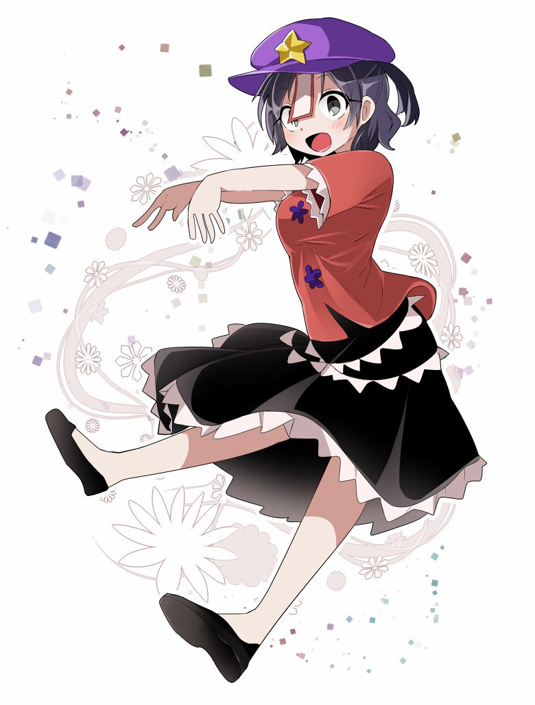 1girl :d beret black_eyes black_hair black_shoes black_skirt blush commentary_request floral_background full_body hat jiangshi kasuura_(cacula) looking_at_viewer miyako_yoshika ofuda open_mouth outstretched_arms pale_skin red_shirt shirt shoes short_hair short_sleeves skirt smile solo star touhou zombie_pose