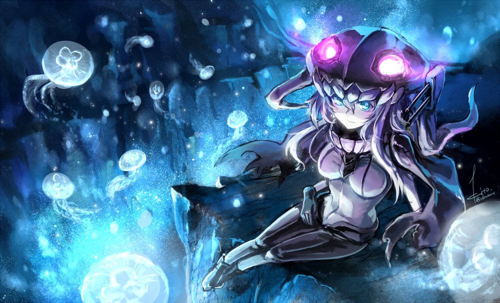 1girl black_cape black_gloves blue_eyes blush bodysuit breasts cape closed_mouth full_body gloves glowing glowing_eyes hair_between_eyes jellyfish kantai_collection kito_(kito2) long_hair looking_at_viewer medium_breasts shinkaisei-kan signature sitting smile solo tentacles twitter_username white_hair white_skin wo-class_aircraft_carrier