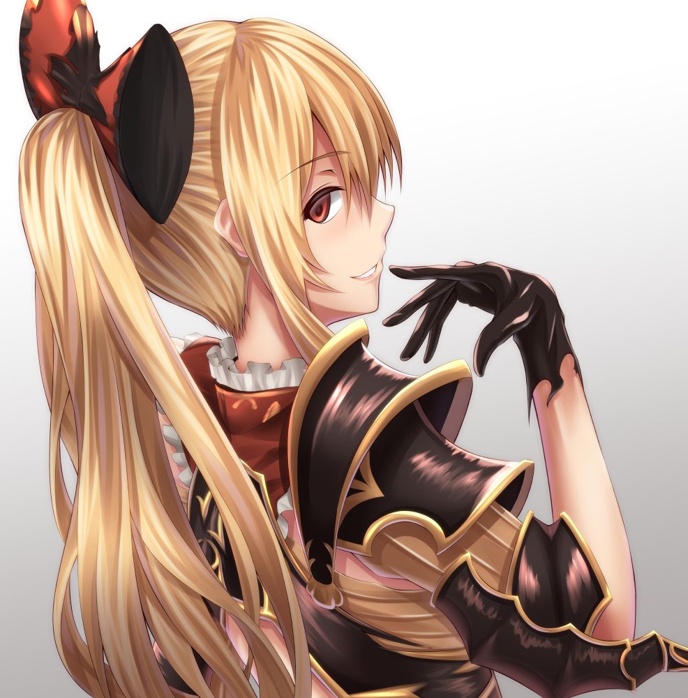 1girl armor black_gloves blonde_hair bow elbow_pads eyebrows_visible_through_hair female finger_to_mouth frills from_behind gloves gradient gradient_background granblue_fantasy grey_background grin long_hair looking_at_viewer looking_back matsunaga_garana neck parted_lips pauldrons ponytail profile red_bow red_eyes shoulder_pads sideways_mouth smile solo upper_body vira