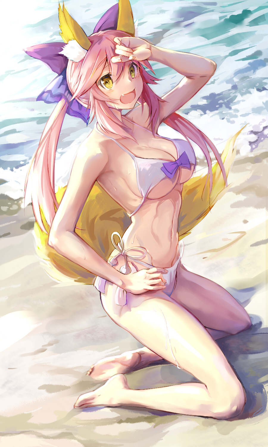 1girl animal_ears beach bikini caster_(fate/extra) fate/extra fate/extra_ccc fate_(series) fox_ears fox_tail full_body highres long_hair multiple_tails ocean open_mouth pink_hair solo swimsuit tail yinzhang