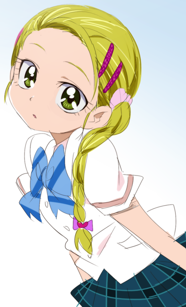 1girl blonde_hair braid green_eyes green_skirt hair_ornament hairclip kasugano_urara_(yes!_precure_5) long_hair looking_at_viewer manji_(tenketsu) plaid plaid_skirt precure short_sleeves single_braid sketch skirt solo yes!_precure_5