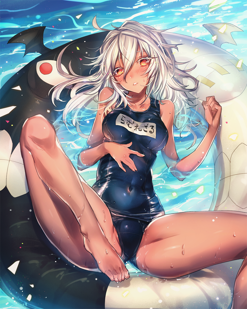 1girl bad_anatomy bat_wings blush clenched_teeth dark_skin guilty_gear guilty_gear_xrd innertube looking_at_viewer one-piece_swimsuit oro_(sumakaita) ramlethal_valentine red_eyes short_hair solo spread_legs swimsuit teeth thick_thighs thighs water wet white_hair wings