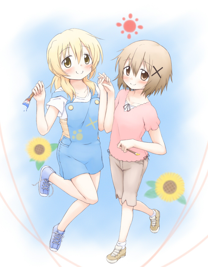 2girls blonde_hair blush brown_eyes brown_hair flower hidamari_sketch hidarikata miyako multiple_girls short_hair smile sunflower yuno