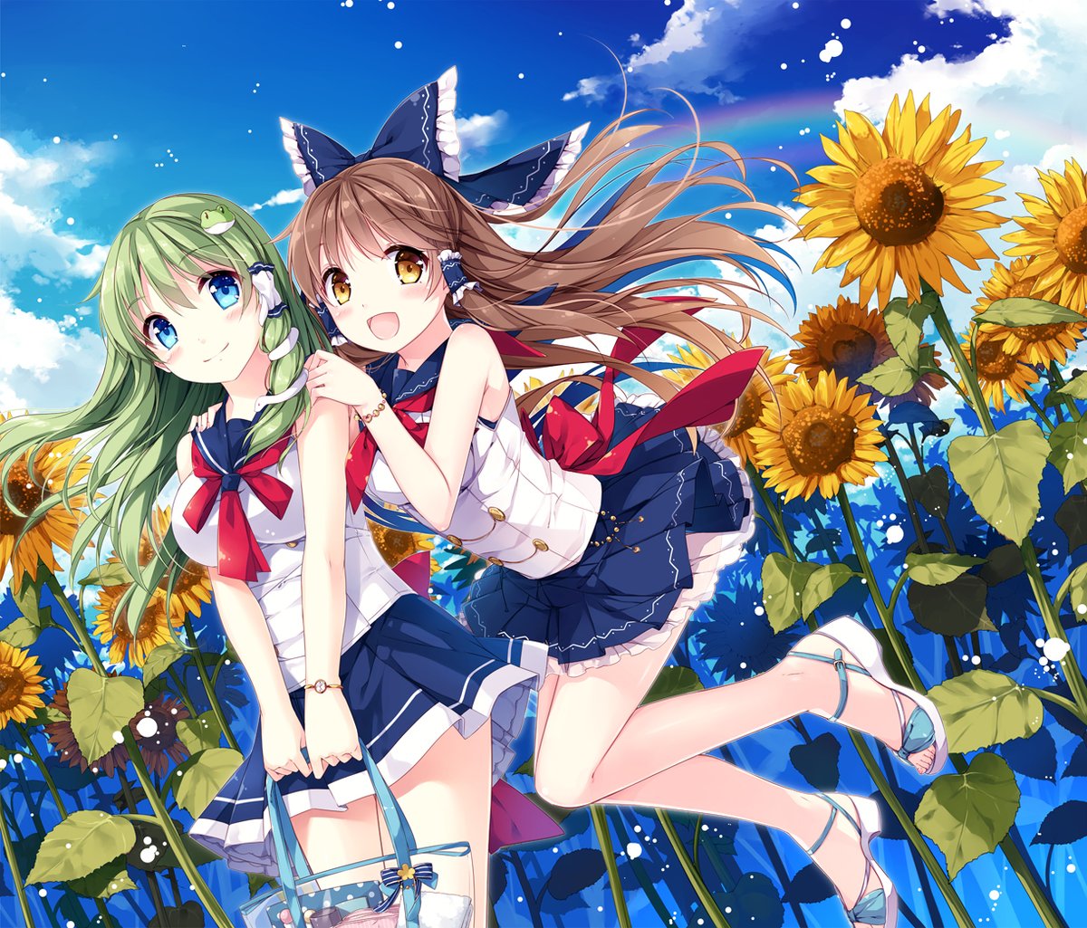 2girls alternate_costume alternate_eye_color bag bare_shoulders blue_eyes blue_ribbon blue_skirt breasts brown_hair clouds cloudy_sky contemporary dutch_angle field flower flower_field frog_hair_ornament hair_ornament hair_ribbon hakurei_reimu handbag hands_on_another's_shoulders impossible_clothes jumping kochiya_sanae large_breasts looking_at_viewer marimo_moka medium_breasts miniskirt multiple_girls open_mouth outdoors ponytail rainbow red_ribbon ribbon sandals school_uniform serafuku shirt skirt sky sleeveless sleeveless_shirt standing sunflower touhou v_arms white_shirt yellow_eyes