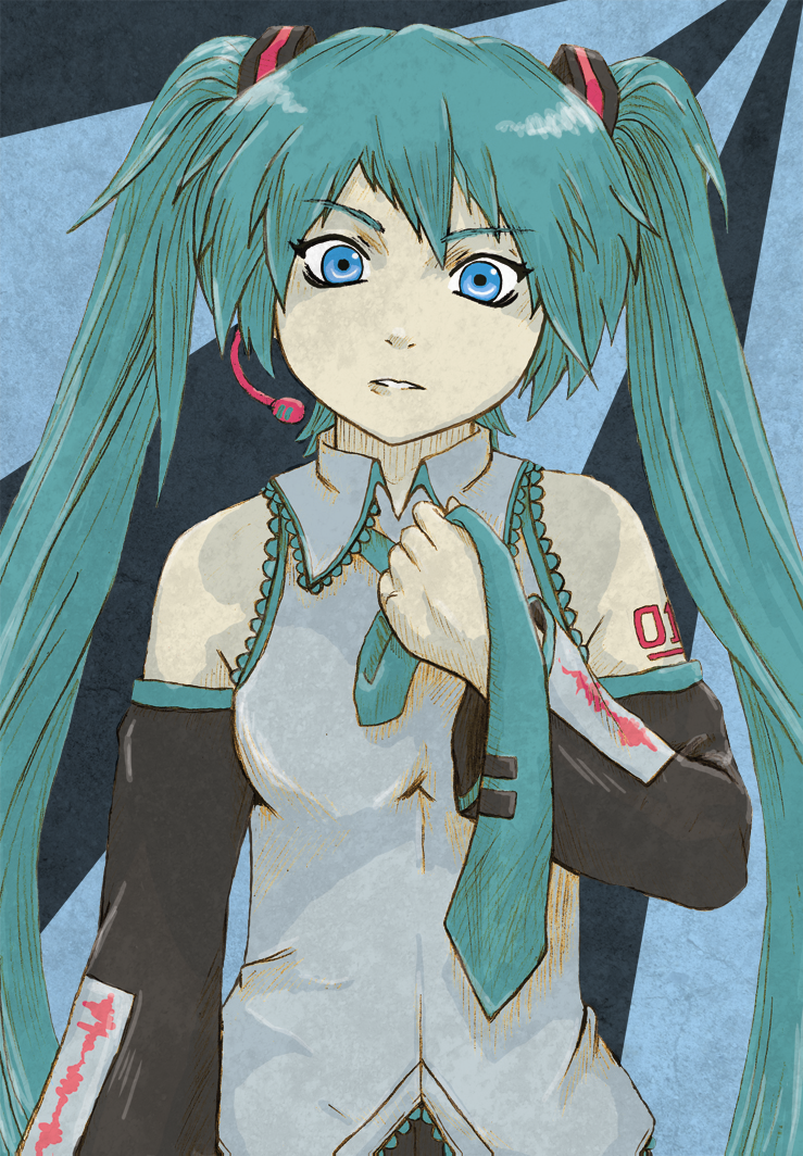 1girl blue cute czechonski diva eyes green hair hatsune_miku imaginatoria kawaii marcin necktie ponytail project vocaloid