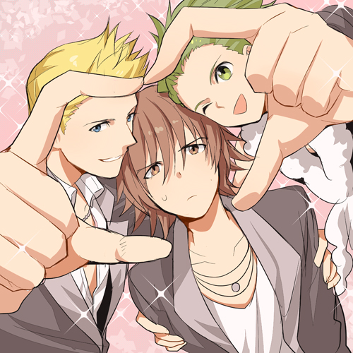 3boys ;) ;d ahoge amagase_touma arm_around_back blackish_961sp blonde_hair blue_eyes boy_sandwich brown_eyes brown_hair colorful_m cowlick from_above green_eyes green_hair grin hairband heart heart_hands heart_hands_duo idolmaster idolmaster_2 ijuuin_hokuto jewelry jupiter_(idolmaster) lowres male_focus mitarai_shouta multiple_boys one_eye_closed open_mouth parted_lips pink_background sandwiched short_hair smile sparkle upper_body