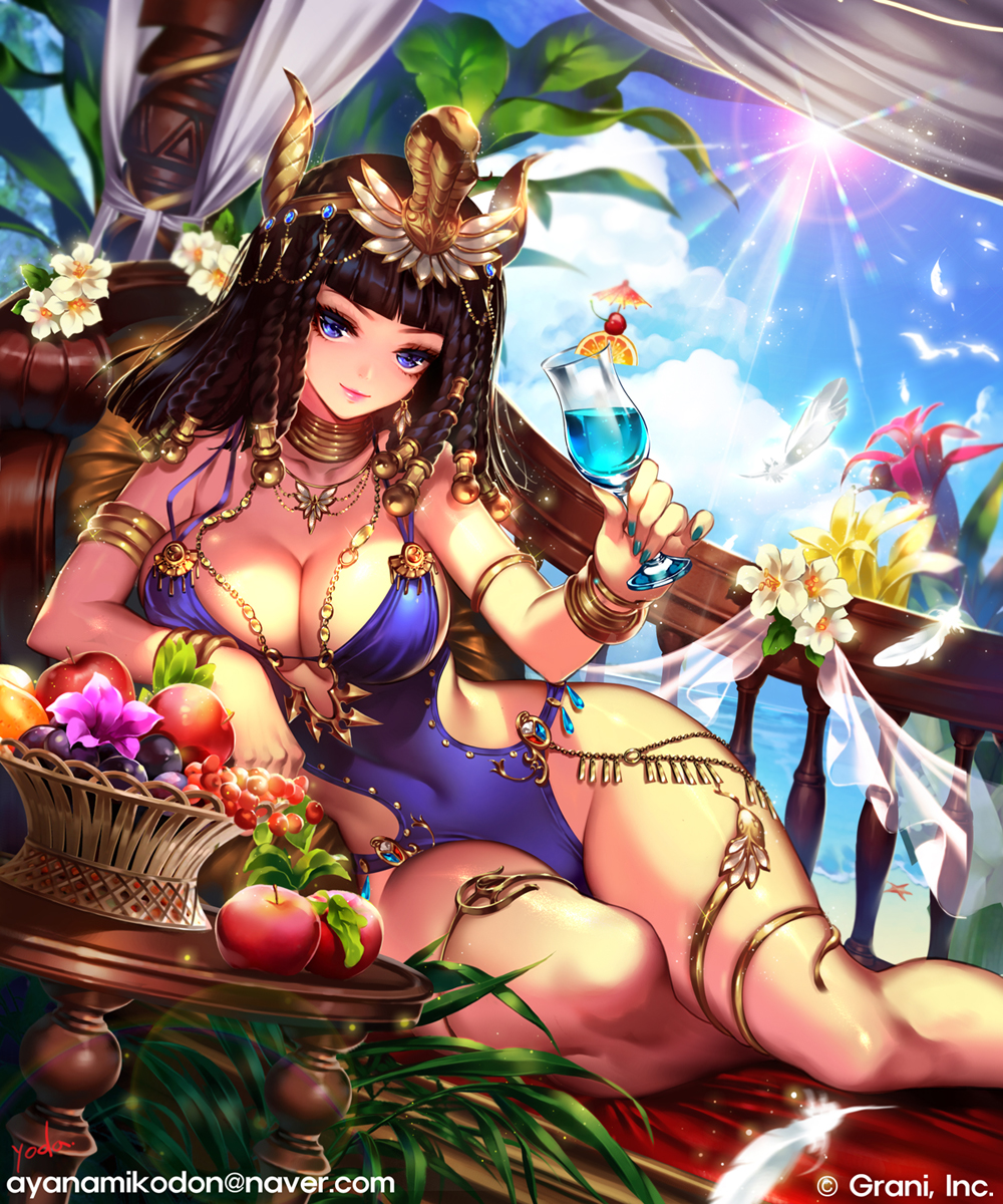 1girl animal apple armlet artist_name bangs basket beach beads bed bird black_hair blue_eyes blue_nails blue_swimsuit blunt_bangs blurry bracelet breasts cherry closed_mouth clouds cloudy_sky cocktail_glass cocktail_umbrella collarbone company_name covered_navel crown crystal cup curtains depth_of_field drink drinking_glass dutch_angle earrings egyptian egyptian_clothes eyelashes feathers food fringe fruit gem glint grapes hair_ornament hair_tubes hairlocs head_wings highres holding_drinking_glass jewelry large_breasts leaf leaning_to_the_side lens_flare light_particles looking_at_viewer nail_polish necklace ocean on_bed one-piece_swimsuit orange orange_slice pink_lips plant purple_flower railing ring_necklace shade shingoku_no_valhalla_gate side_cutout signature sitting sky smile snake snake_(ornament) snake_hair_ornament solo sparkle sphere starfish strap_gap sun sunlight swimsuit thighlet transparent watermark web_address white_flower wooden_table yoda_(ayanamikodon) yokozuwari