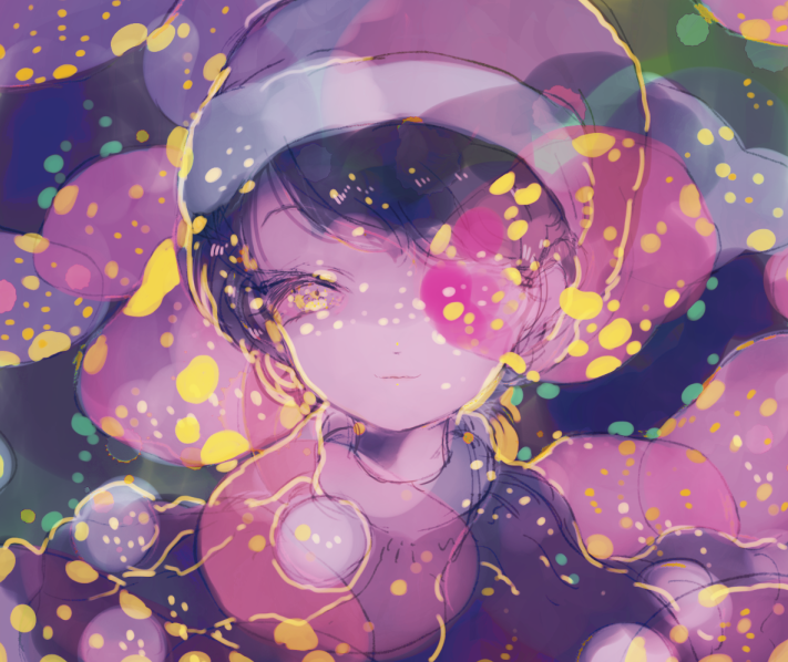 1girl abstract_background anabone blob blue_hair commentary_request dark doremy_sweet dress hat looking_at_viewer nightcap one_eye_covered pom_pom_(clothes) short_hair smile solo touhou upper_body yellow_eyes