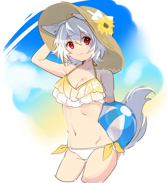 1girl animal_ears ball bangs bare_shoulders beachball bikini blue_sky breasts cleavage clouds cloudy_sky contrapposto cowboy_shot cropped_legs eyebrows eyebrows_visible_through_hair flower_hat frilled_bikini frills groin hair_between_eyes halter_top halterneck hand_on_headwear hat inubashiri_momiji looking_at_viewer medium_breasts midriff navel red_eyes short_hair sky solo sun_hat swimsuit tail tori_(otori) touhou twitter_username white_bikini white_hair white_swimsuit wolf_ears