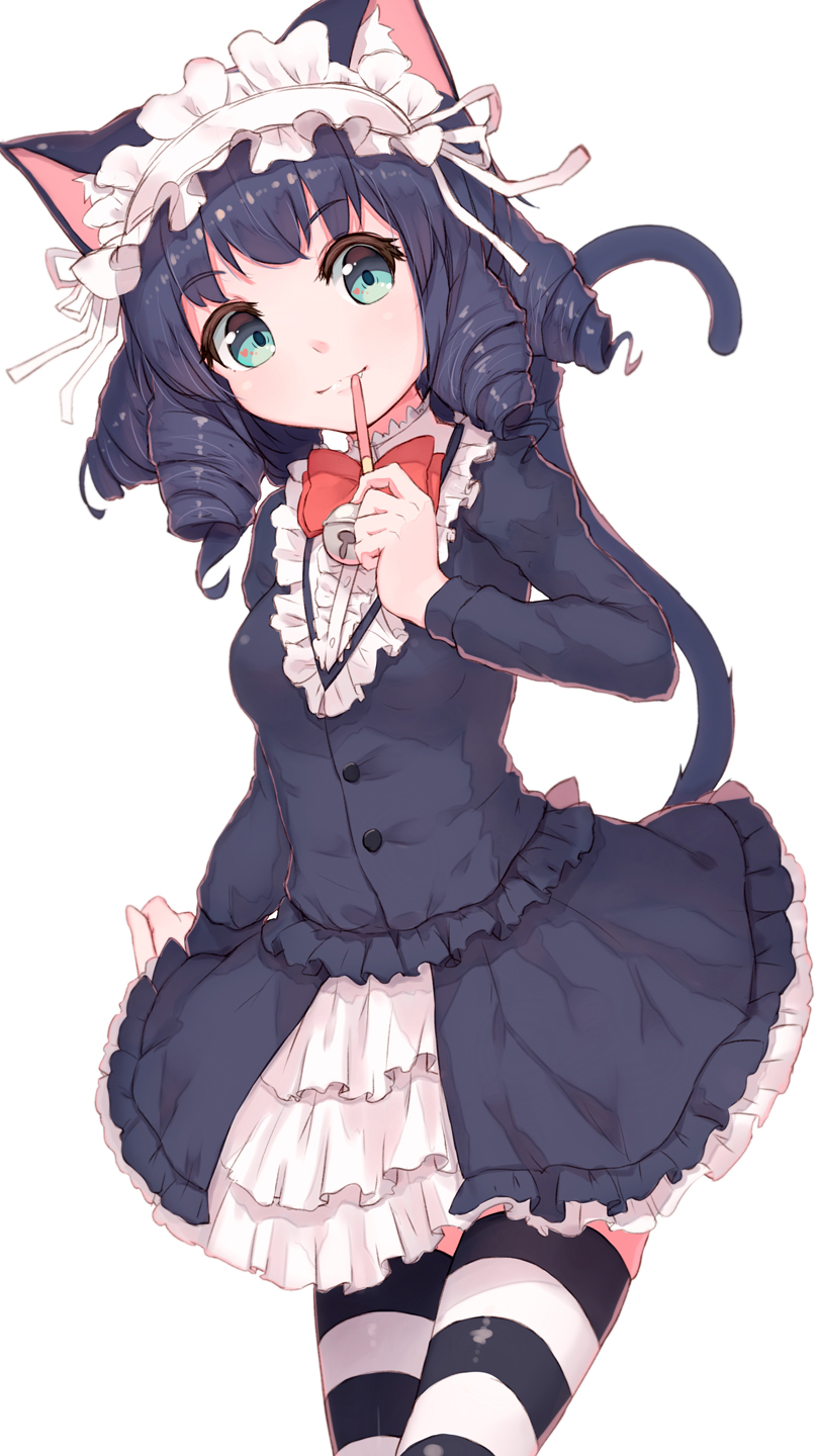 1girl animal_ears bell black_hair black_jacket black_skirt blue_eyes blush bow bowtie buttons cat_ears cat_tail center_frills closed_mouth cowboy_shot cyan_(show_by_rock!!) fang fang_out frilled_skirt frills head_tilt highres horizontal-striped_legwear horizontal_stripes jacket jingle_bell leaning_forward long_sleeves maid_headdress red_bow red_bowtie ribbon shone show_by_rock!! simple_background skirt smile solo standing striped tail thigh-highs tooth white_background white_ribbon zettai_ryouiki