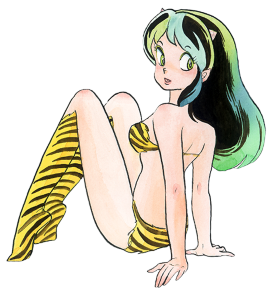 1girl 80s arm_support bikini boots green_eyes green_hair horns long_hair lowres lum official_art oldschool oni simple_background solo swimsuit tiger_print transparent_background urusei_yatsura
