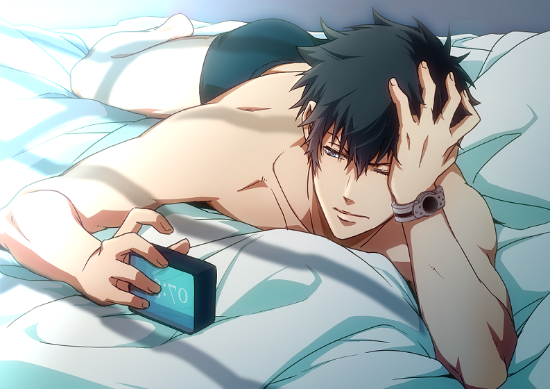 1boy alarm_clock bed bed_sheet black_hair blue_eyes boxers clock hand_in_hair kougami_shin'ya looking_down lying male_focus messy_hair on_stomach one_eye_closed pillow psycho-pass rion8014 solo topless underwear waking_up