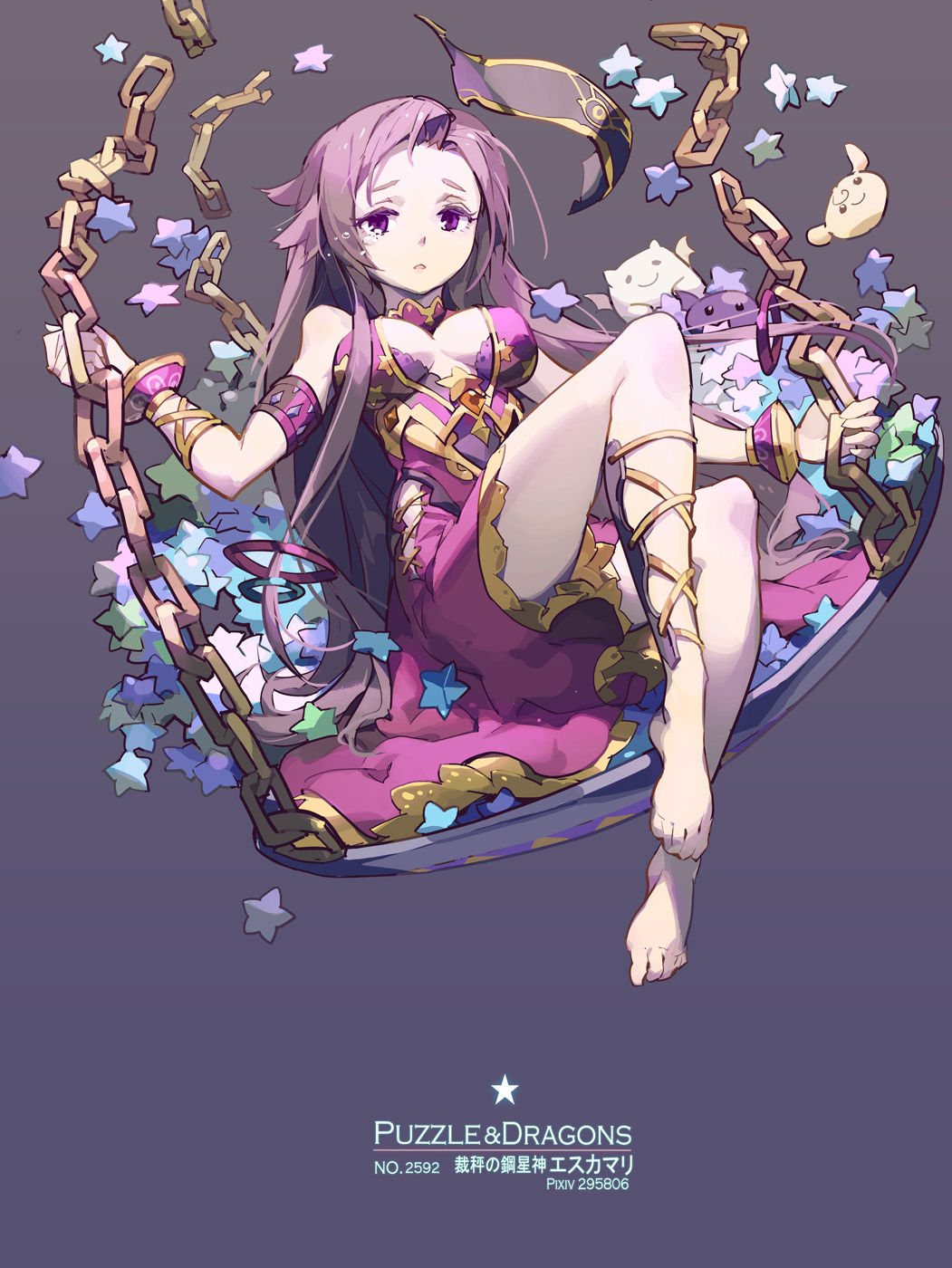 1girl anklet armlet bare_shoulders barefoot bracelet breasts choker cleavage commentary_request dress eschamali_(p&amp;d) highres jewelry large_breasts legs long_hair looking_at_viewer purple_hair puzzle_&amp;_dragons sitting solo tears tennohi violet_eyes