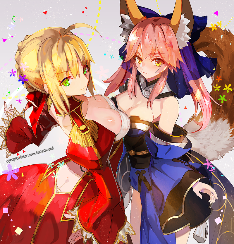 2girls ahoge animal_ears astarone blonde_hair bow breast_press breasts caster_(fate/extra) cleavage detached_sleeves dress epaulettes fate/extra fate_(series) fox_ears fox_tail green_eyes hair_bow hair_ribbon japanese_clothes large_breasts lock looking_at_viewer looking_up multiple_girls padlock pink_hair red_dress ribbon saber_extra symmetrical_docking tail twitter_username yellow_eyes