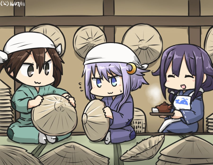 3girls ahoge apron brown_hair commentary crescent crescent_hair_ornament cup dated flying_sweatdrops hair_between_eyes hair_ornament hair_ribbon hamu_koutarou hat head_scarf kantai_collection long_hair low_twintails multiple_girls purple_hair ribbon rice_hat short_hair_with_long_locks sidelocks taigei_(kantai_collection) teacup teapot tone_(kantai_collection) tray twintails yayoi_(kantai_collection)