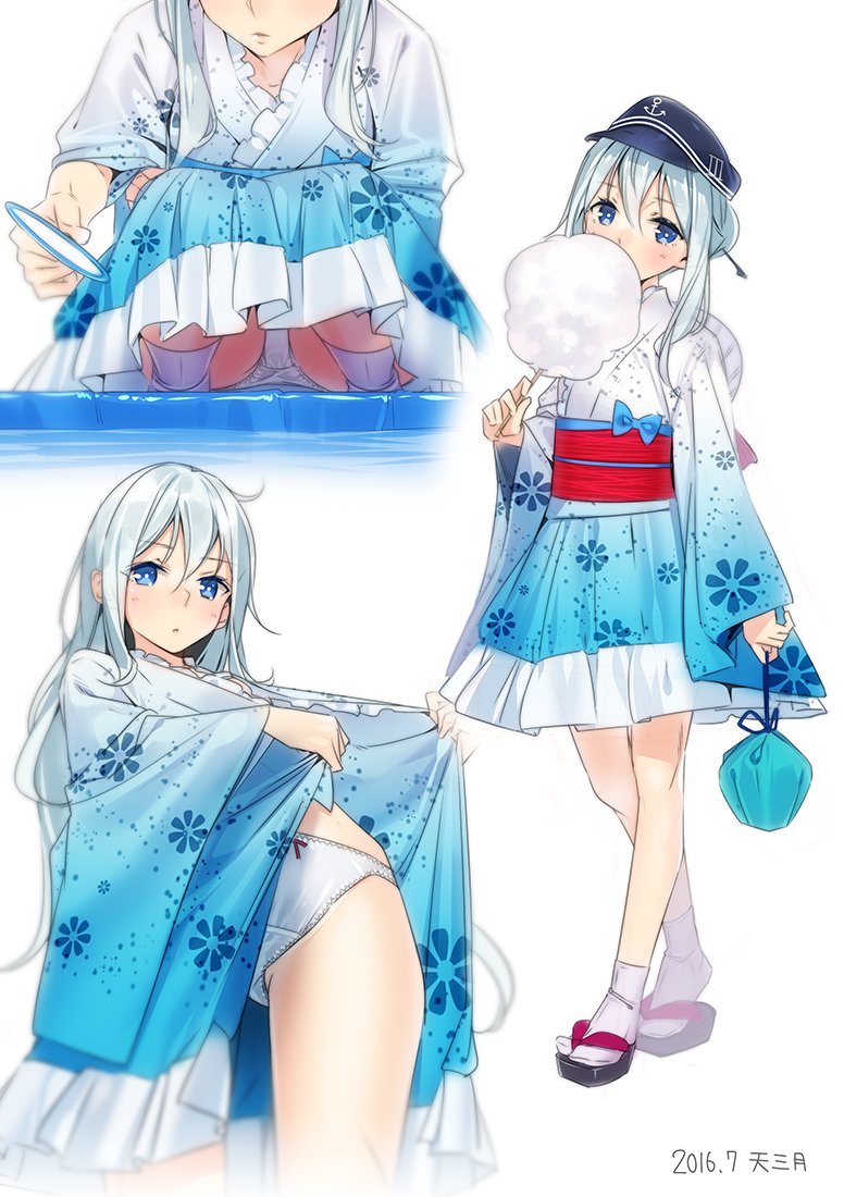 1girl 2016 alternate_costume ama_mitsuki anchor_symbol artist_name bangs blue_eyes blush bow bow_panties commentary_request cotton_candy dated dressing eating flat_cap food frilled_kimono frills full_body goldfish_scooping hair_between_eyes hair_bun hair_ornament hair_stick hat hibiki_(kantai_collection) japanese_clothes kantai_collection kimono kimono_skirt kinchaku long_hair looking_at_viewer multiple_views panties pantyshot pantyshot_(squatting) parted_lips poi_(goldfish_scoop) sandals sash signature silver_hair simple_background squatting summer_festival tabi underwear white_background white_legwear white_panties wide_sleeves yukata