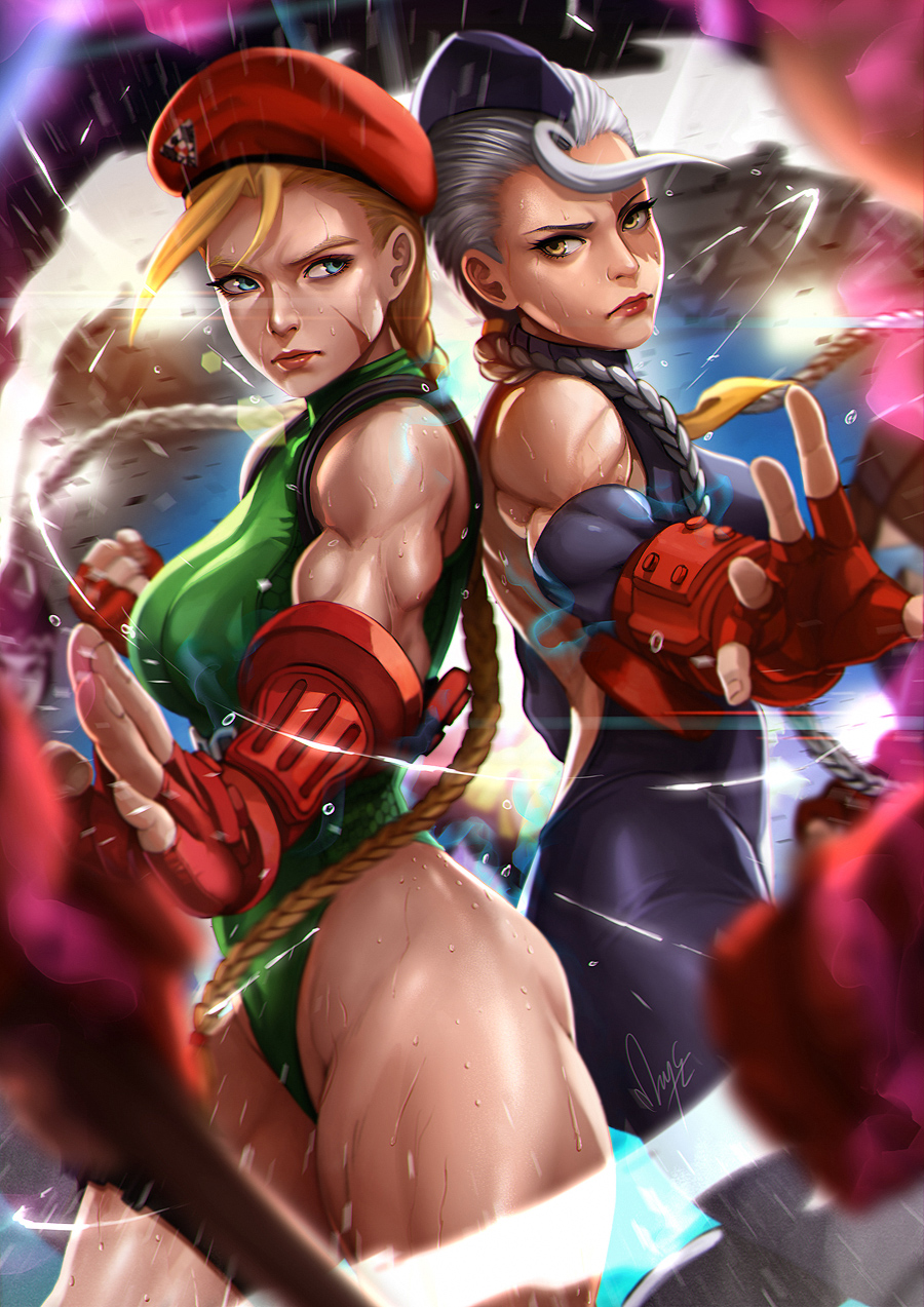 2girls back-to-back backless_outfit beret biceps blonde_hair blush braid cammy_white decapre fighting_stance fingerless_gloves gloves grey_hair hat highleg highleg_leotard highres leotard looking_at_viewer magion02 multiple_girls scar street_fighter sweat thick_thighs thighs toned twin_braids yellow_eyes